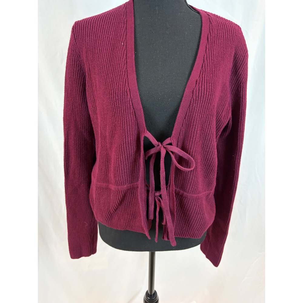 LOFT Burgundy Ribbed Tie Front‎ Cardigan Sweater Womens Large Long Sleeve V-Neck